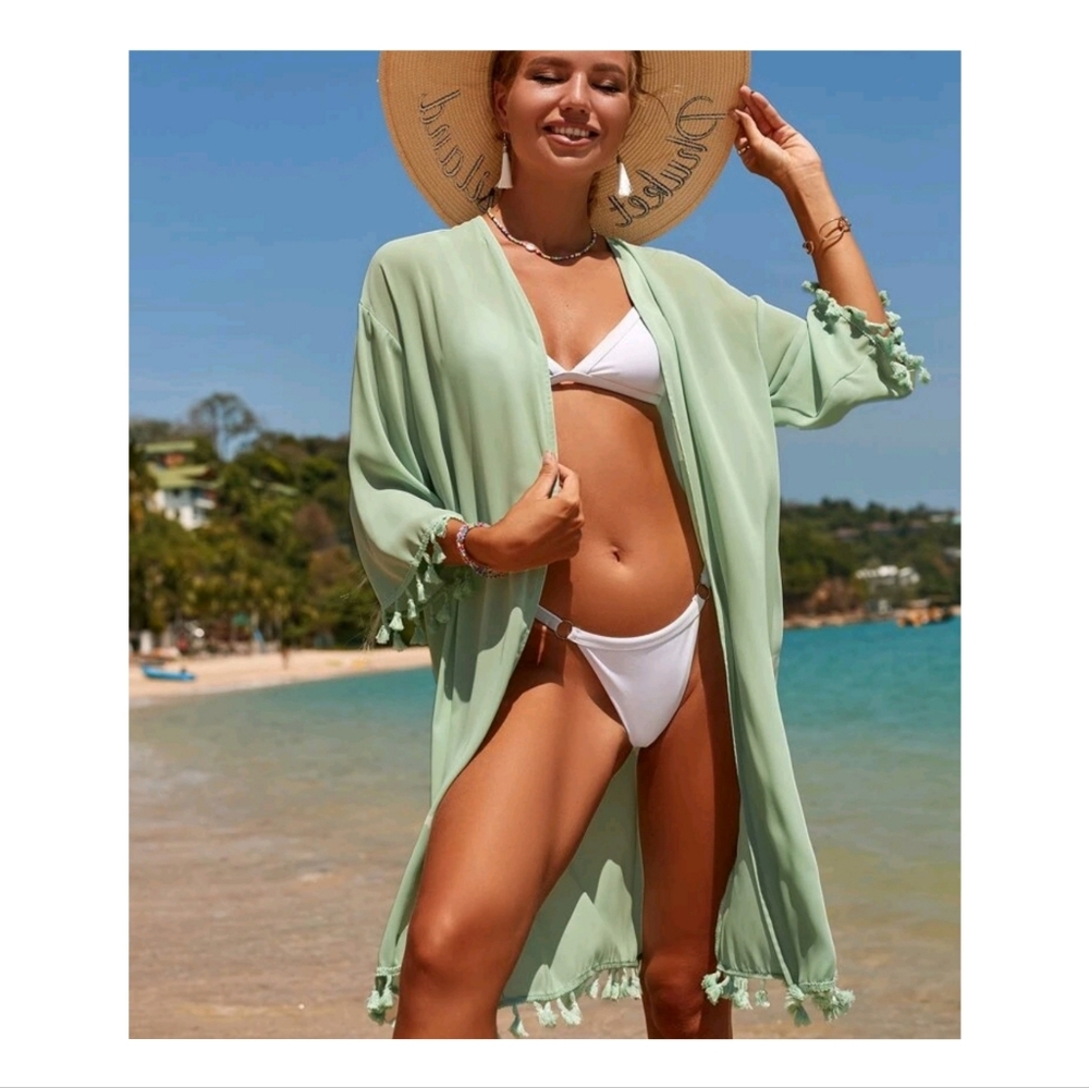 🪲NEW SAGE Green Solid CHIFFON OPEN Drape KIMONO Cover Up Tassles Plus